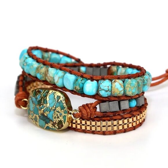 Western Style Blue Turquoise Leather Wrap Gold Tone Bracelet Southwest Boho - Picture 2 of 4
